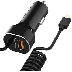 iPhone Car Charger, 30W/4.8A Quick Charge 3.0 USB Car Charger Adapter with Coiled Cable Compatible iPhone XR/XS/X/8/7/6/6S Plus 5S/5C/SE, iPad Air Mini Pro (Black)