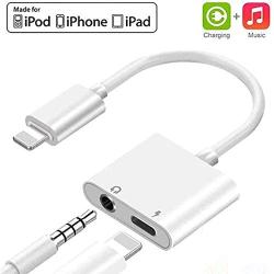 Headphones Adapter for iPhone 3.5mm Jack Audio + Charge Aux for iPhone 7/7Plus/8/8Plus/X/11/XS/XR/XS MAX Dongle Splitter Accessory Supports 2 in 1 Earphone Splitter Support All iOS System