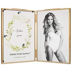 Rising Star Double 4x6 Folding Picture Frames, Gold Metal Pressed Glass Photo Frame Brass