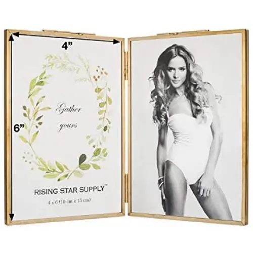 Rising Star Double 4x6 Folding Picture Frames, Gold Metal Pressed Glass Photo Frame Brass Rising Star Double 4x6 Folding Picture Frames, Gold Metal Pressed Glass Photo Frame Brass