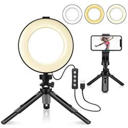 LED Dimmable Ring Light with Tripod Stand & Phone Holder for Live Stream/Makeup, 6″ Ringlight for YouTube Video, Phone Tripod, Compatible with iPhone Android