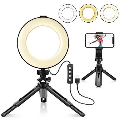 LED Dimmable Ring Light with Tripod Stand & Phone Holder for Live Stream/Makeup, 6″ Ringlight for YouTube Video, Phone Tripod, Compatible with iPhone Android