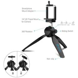 Fugetek Mini Tripod Table Top Stand and Phone Mount, Compact, Travel Ready, Use with FaceTime, Video Calls, Compatible with Gopro, Smartphones, iPhone, Samsung, Compact Cameras, DSLRs, Selfie Stick