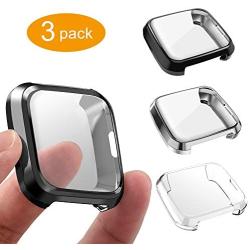 3 Packs Screen Protector Compatible Fitbit Versa Lite Edition, GHIJKL Ultra Slim Soft Full Cover Case for Fitbit Versa Lite Edition, Crystal Clear, Black, Silver