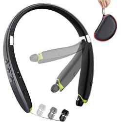 Bluetooth Headphones, BEARTWO Upgraded Foldable Wireless Neckband Headset with Retractable Earbuds, Noise Cancelling Stereo Earphones with Mic for Workout, Running, Driving (with Carry Case) (Grey)