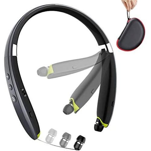 Bluetooth Headphones, BEARTWO Upgraded Foldable Wireless Neckband Headset with Retractable Earbuds, Noise Cancelling Stereo Earphones with Mic for Workout, Running, Driving (with Carry Case) (Grey)