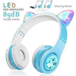 WOICE Bluetooth Headphones, Cat Ear LED Light Up Wireless Foldable Headphones Over Ear with Mic, Music Sharing Function and 85db Limited for iPhone/iPad/Smartphones/Laptop/PC(Sky Blue)