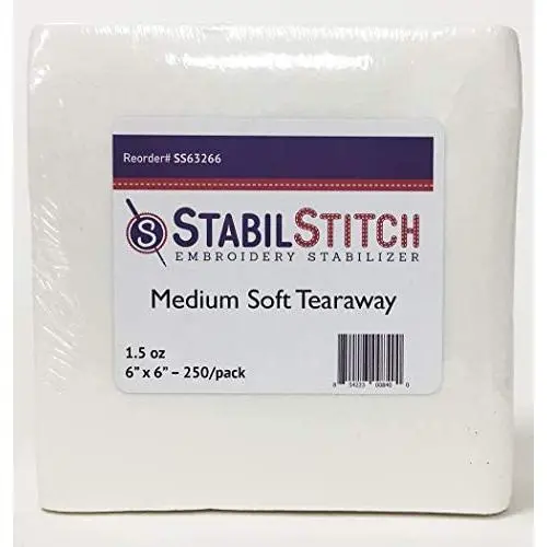 Medium (1.5 oz) Soft Tearaway 6" x 6" 250 Pack Embroidery Stabilizer Medium (1.5 oz) Soft Tearaway 6" x 6" 250 Pack Embroidery Stabilizer