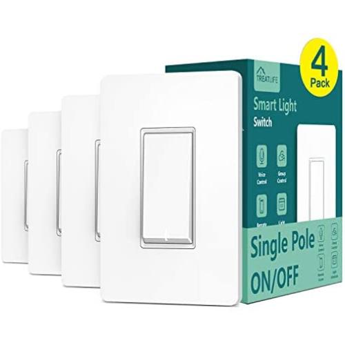 Single Pole Treatlife Smart Light Switch, 4 Pack, Neutral Wire Required, 2.4Ghz Wi-Fi Light Switch, Works with Alexa and Google Assistant, Schedule, Remote Control, ETL Listed, FCC
