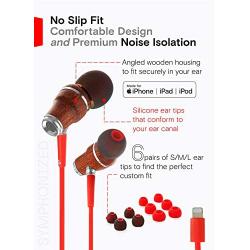 Symphonized NRG MFI Earbuds, Certified Lightning Earbuds Compatible with Apple iPhone/iPad/iPod, Premium Genuine Sapele Wood in-Ear Noise Isolating Earphones, Stereo Wired Headphones (Red)