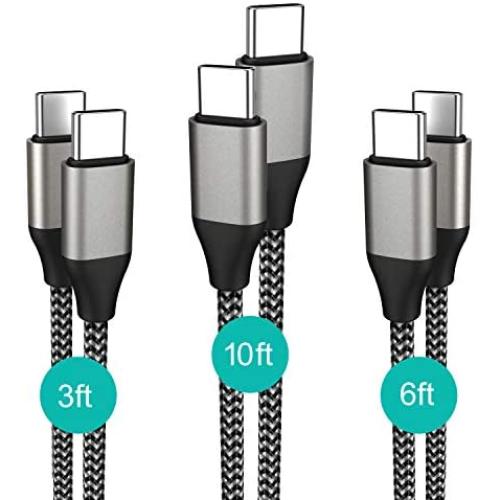 USB C to USB C cable, SUPVOL 3Pack 3ft+6ft+10ft Nylon Braided Cord Compatible with Samsung Galaxy S20 S10 Note10,Google Pixcel 4/3a/3/2 XL,MacBook Air,iPad Pro 2020/2018,Carbon Black