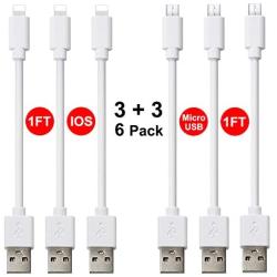 Short USB Charging Cable 6 Pack (3 x Micro USB Cable, 3X iOS Charging Cable) Support Sync Data, 1FT Charger Cord Compatible with Cell Phone XS Max/XS/XR/X/8 Plus/8/7, Android, Power Bank and More