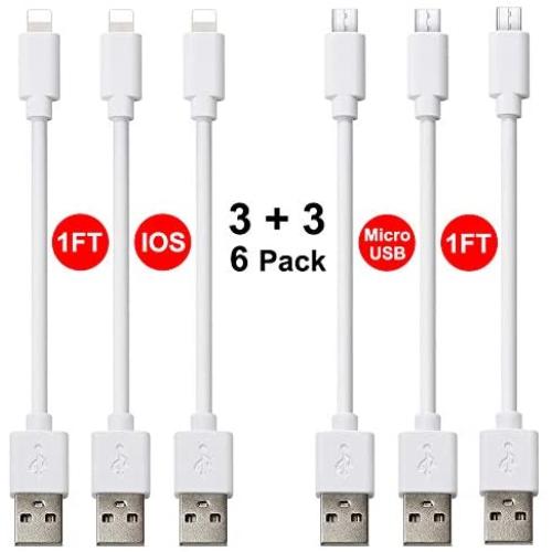 Short USB Charging Cable 6 Pack (3 x Micro USB Cable, 3X iOS Charging Cable) Support Sync Data, 1FT Charger Cord Compatible with Cell Phone XS Max/XS/XR/X/8 Plus/8/7, Android, Power Bank and More