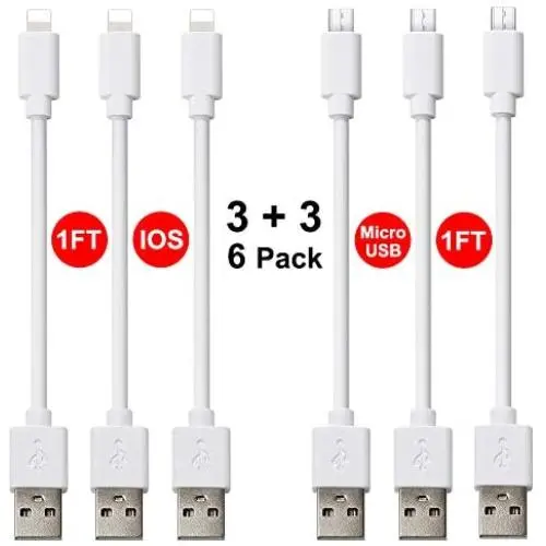 Short USB Charging Cable 6 Pack (3 x Micro USB Cable, 3X iOS Charging Cable) Support Sync Data, 1FT Charger Cord Compatible with Cell Phone XS Max/XS/XR/X/8 Plus/8/7, Android, Power Bank and More Short USB Charging Cable 6 Pack (3 x Micro USB Cable, 3X iOS Charging Cable) Support Sync Data, 1FT Charger Cord Compatible with Cell Phone XS Max/XS/XR/X/8 Plus/8/7, Android, Power Bank and More