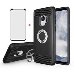 Samsung Galaxy S9 Phone Case with Tempered Glass Screen Protector Magnetic Ring Holder Stand Kickstand Hybrid Protective Cell Accessories Hard Cover for Glaxay S 9 Edge Galazy 9S GS9 Women Girls Men