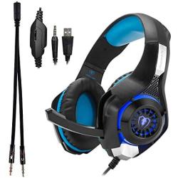 Beexcellent GM-1 Over-Ear Wired 3.5mm Pro Gaming Headset Surround Sound Gaming Headphone with LED Effect and Microphone for PC, Laptop, Tablet, PS4, Xbox, Cell Phone (Blue)