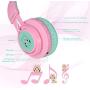 Riwbox Bluetooth Headphones, Riwbox CT-7 Cat Ear LED Light Up Wireless Foldable Headphones Over Ear with Microphone and Volume Control for iPhone/iPad/Smartphones/Laptop/PC/TV (Pink&Green)