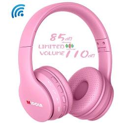 Midola Volume Limited 85dB Kids Headphone Bluetooth Wireless Over Ear Foldable Stereo Sound Noise Protection Headset with AUX 3.5mm Cord Mic For Boys Girls Cellphone Ipad Tablets TV Notebook Rose Pink