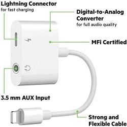 [Apple MFi Certified] iPhone 3.5mm Headphone Adapter & Splitter, 2 in 1 Lightning to 3.5mm AUX Audio Headphone + Charger Cable for iPhone 11/XS/XR/X 8 7, iPad, Support Calling + + Sync + Music Control