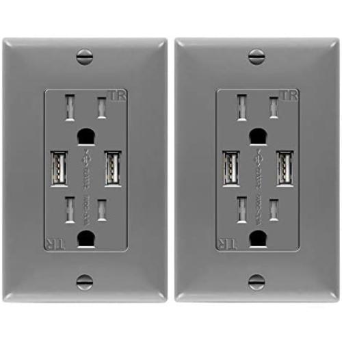 TOPGREENER 3.1A USB Wall Outlet Charger, 15A Tamper-Resistant Receptacles, Compatible with iPhone XS/MAX/XR/X/8, Samsung Galaxy S10/S9/S8, LG, HTC, TU2153A-GY-2PCS, Gray, 2 Pack