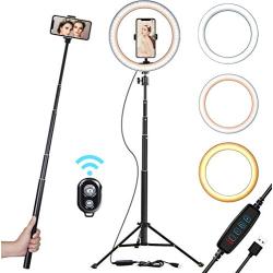 10" Selfie Ring Light with Tripod Stand & Cell Phone Holder for Live Stream/Makeup | Dimmable Mini Floor Table Camera Ringlight for YouTube TikTok Video/Photography