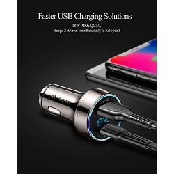 [Pure Copper] USB C Car Charger, SUPERONE 36W 6A Dual USB Car Charger Adapter with 18W PD Port, Quick Charge 3.0 and LED Voltmeter for iPhone 11 Pro Max, Google Pixel 4/4 XL, Samsung S10 and More