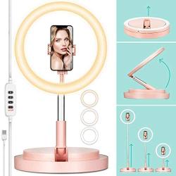 TARION 11" Selfie Ring Light with Stand + Phone Holder Foldable Beauty Ring Light Mini Led Light for Live Stream Video Photography Videography Conference Desk Led Lighting Adjustable Brightness Pink