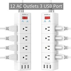 Surge Protector, POWSAF Power Strip with 12-Outlet(3-Sided) and 3 USB Ports(5V/3.4A, 17W), 6-Ft(1875W/15A) Heavy Duty Extension Cord, ETL Listed, White