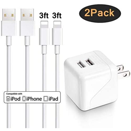 iPhone Wall Charger, Sundix Dual Port Wall Charger Power Adapter with 2 Pack 3FT iPhone Charger Charging Cord Compatible with iPhone X 8 8Plus 7 7Plus SE 6sPlus 6s 6 5s, iPad and More (white)