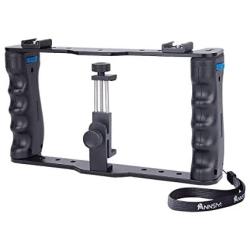 Annsm Mobile/Smartphone Video Rig Cage with Two Cold Shoe Mounts for External Device Such as Microphone, LEDs for iPhone X, X Plus, Samsung, GoPro and Action DSLR Cameras