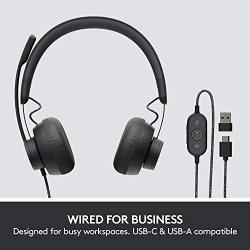 Logitech Zone Wired Noise Cancelling Headset, Certified for Microsoft Teams with Advanced Noise-canceling mic Technology for Open Office environments, USB-C with USB-A Adapter, Graphite.