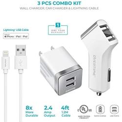 iPhone Charger, Overtime Apple MFi Certified 4ft Lightning USB Cable with Dual Port Wall & Car Charger Adapter for iPhone 11 Pro Max X Xs XR 8 7 6s 5 SE, iPad Pro Air Mini - White