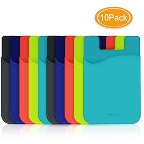 Phone Card Holder for Phone Back, HUO ZAO Silicone Adhesive Credit Card Pouch with 3M Stick-on Phone Wallet, Compatible with Apple iPhone Samsung Galaxy Android Cell Phone Table Multi Colors - 10 Pack