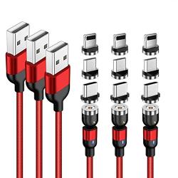 [540°Rotation] Magnetic Phone Charger Cable(3-Pack), 3 in 1 Magnetic Charging Cable, Compatible with Mirco USB, Type C Smartphone and iProduct Device (Red