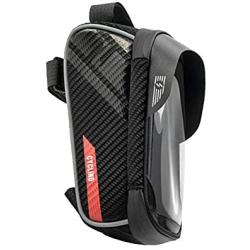 XQK Bike Frame Bag, Waterproof Cycling Handlebar Pouch Bag Front Top Tube TPU Touchscreen Sun Visor Cell Phone Holder for Smartphone Under 6 Inches Headphone Hole