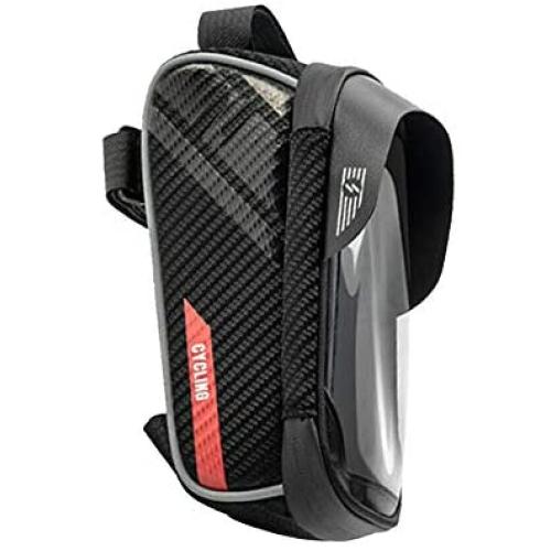 XQK Bike Frame Bag, Waterproof Cycling Handlebar Pouch Bag Front Top Tube TPU Touchscreen Sun Visor Cell Phone Holder for Smartphone Under 6 Inches Headphone Hole