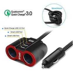 QC3.0 Car Charger with Extension Cable, Multi Car Charger Cigarette Lighter, 3 USB (QC3.0x1+Smart Socketx2)+2 Socket Car Splitter+90mm Cable for GPS/iPhone/Samsung Cell Phone