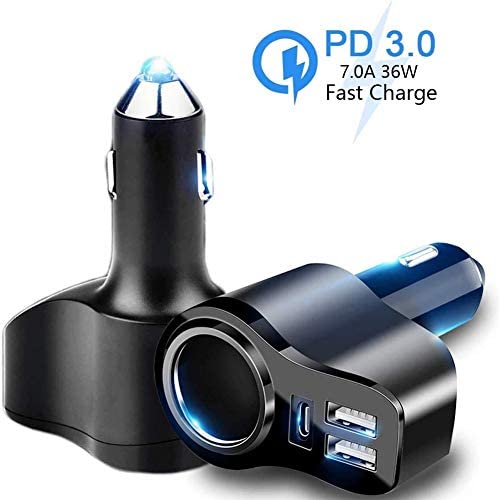 4 in 1 USB C Car Charger 36W USB Cigarette Lighter Socket Splitter Adapter with 3 USB 12V/24V Dual USB Type C PD Fast Car Charger Adapter for iPhone 11/Xs/Max/XR,iPad Pro/Mini,Samsung Galaxy Note9