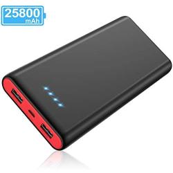 Portable Charger Power Bank 25800mAh [Newest Black-Red Fashion Design] High Capacity External Battery Pack with LED Status Indicator, 2 USB Ports Power Bank for Smart Phones,Tablet and More