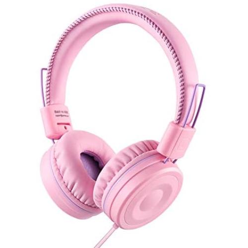 POWMEE M1 Kids Headphones Wired Headphone for Kids,Foldable Adjustable Stereo Tangle-Free,3.5MM Jack Wire Cord On-Ear Headphone for Children (Pink)