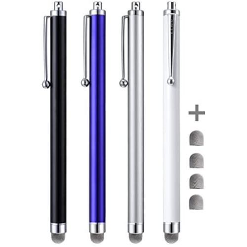 CCIVV Stylus Pens, 4 Pcs 5.6 Inches Mesh Tipped Stylus for Touch Screens, iPad, iPhone, Kindle Fire + 4 Extra Replaceable Hybrid Fiber Tips (White, Black, Silver, Blue)