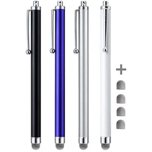 CCIVV Stylus Pens, 4 Pcs 5.6 Inches Mesh Tipped Stylus for Touch Screens, iPad, iPhone, Kindle Fire + 4 Extra Replaceable Hybrid Fiber Tips (White, Black, Silver, Blue)