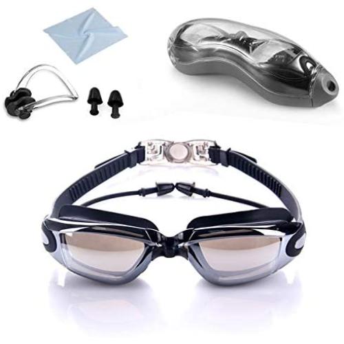 RFWIN Swim Goggles, No Leaking Anti-Fog Indoor Outdoor Swimming Goggles with UV Protection Mirrored Lenses for Adult Women Men Youth Kids with Nose Clips Ear Plugs