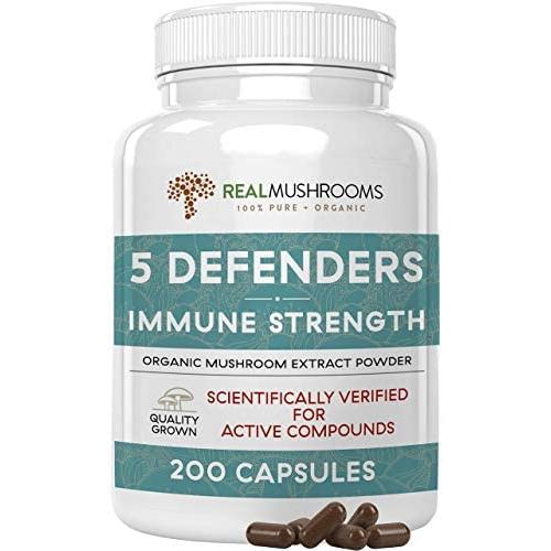 5 Defenders Mushroom Extract Powder Capsules for Immune Support & Digestion (200ct) Chaga, Reishi, Shiitake, Maitake & Turkey Tail Supplement for Stress & Better Mood, Verified Levels of Beta-Glucans