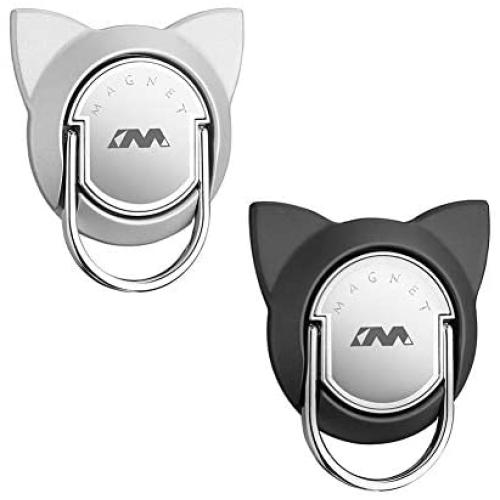 Cat Shaped Finger Ring for Magnetic Car Mount, Metal Phone Ring Holder for Magnet Air Vent Car Mount, 360 Degree Cat Ring Stand Compatible for iPhone Xs Max/XR/XS (2 Pack, Black/Silver)