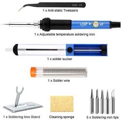 LDK Soldering Iron Kit Electronics, [Upgraded] Full Set 60W 110V Adjustable Temperature Welding Tool with 5pcs Different Tips, Stand, Tweezers, Sponge, Solder Sucker, Solder Wire and User Manual