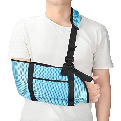 Adult Arm Sling, Lightweight Shoulder Sling Immobilizer with Breathable Mesh, Adjustable Arm Support Strap with Storage Space for Stabilise Arm, Injury Recovery and Shoulder Dislocations, One Size（Sky Blue）