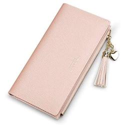 Wallets for Women Leather Cell Phone Case Holster Bag Long Slim Credit Card Holder Cute Minimalist Coin Purse Thin Large Capacity Zip Clutch Handbag Wallet for Girls Ladies (Pink)