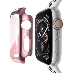 baozai Compatible with Apple Watch 38mm Case with Built-in Tempered Glass Screen Protector, Full Coverage Hard iWatch Case for Series 3/2/1 (Rose Pink, 38mm Series 3/2/1)