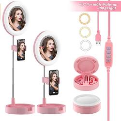 Portable Selfie Ring Light with Stand and Phone Holder, 6.5" Dimmable LED Makeup Ring Light with Mirror, 3 Color Modes and 10 Brightness Ring Light for Live Stream/Photography/Video Recording (Pink)